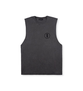 We Ride Local UNION raw cut tank top in pigment-dyed black color, sleeveless unisex style with silk printed graphic, made in Greece.