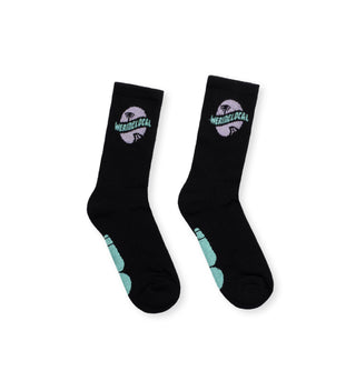 We Ride Local Funbadge Black Cotton Summer Socks – front view, black cotton socks with circular We Ride Local logo on the cuff.