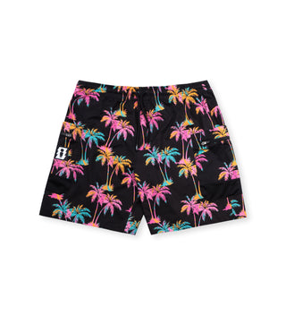 We Ride Local Joyride Volley Hybrid Boardshorts with colorful palm tree print, quick-drying breathable 100% polyester fabric, loose fit, wearable as swim shorts or casual shorts