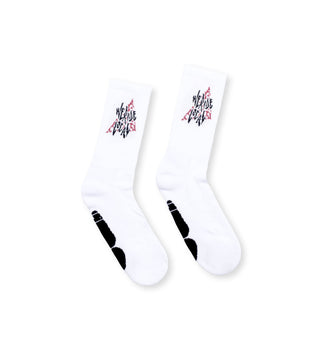 We Ride Local Looney White Cotton Summer Socks – side view, white cotton socks with black "We Ride Local" logo on the cuff.