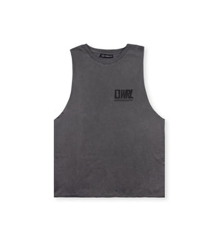 Front view of the We Ride Local MARK pigment black raw cut women's tank top, 100% cotton, with small printed logo on the left.