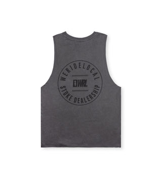 We Ride Local MARK women's tank top in pigment black showing large round printed logo on the back.