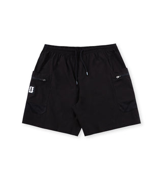 We Ride Local Overseas Black Hybrid Boardshorts in classic black with sublimated graphics, quick-drying 100% polyester fabric, side zipper pockets, and loose fit