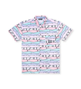 We Ride Local Party Blocks Jersey Shirt in black with pastel colors and small palm tree print, breathable 100% polyester fabric and loose fit