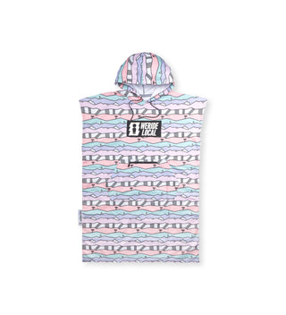 We Ride Local Party Blocks Travel Poncho with pastel colors, small palm trees, lightweight fabric, kangaroo pockets, side zippers, and central logo