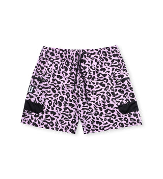 We Ride Local Pink Leopard Hybrid Boardshorts in vibrant pink with all-over leopard print, quick-drying 100% polyester fabric, side zipper pockets, and loose fit
