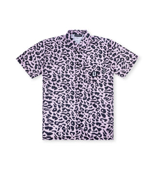 We Ride Local pink leopard shirt with breathable fabric and loose fit, featuring pink and black leopard print