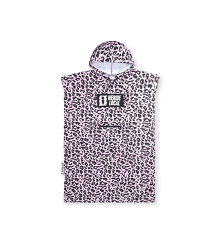 We Ride Local Pink Leopard Travel Poncho with pink and black leopard print, quick-drying fabric, kangaroo pockets, side zippers, and central logo