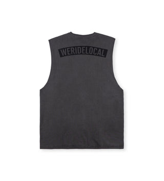 Back view of the We Ride Local UNION raw-cut tanktop in pigment black, sleeveless and relaxed fit.