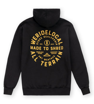 Back view of We Ride Local All Terrain Black Hoodie – large circular yellow-letter graphic, relaxed unisex fit