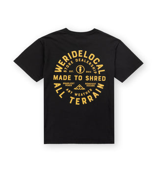 Back view of We Ride Local All Terrain Black Tee with yellow silk-printed graphic and HD woven tags