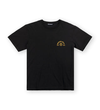 We Ride Local All Terrain Black Tee – front view with small left-chest graphic print, 100% cotton, unisex