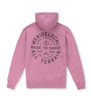 Back view of We Ride Local All Terrain Dusty Rose Hoodie – large circular graphic, relaxed unisex fit