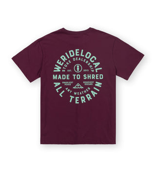 Back view of We Ride Local All Terrain Eggplant Tee – relaxed unisex style, made in Greece