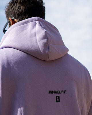 Back view of We Ride Local Big Shot Lilac Hoodie – relaxed fit, unisex hoodie
