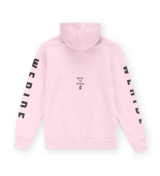 Back view of We Ride Local Code Baby Pink Hoodie – baby pink hoodie, relaxed unisex fit