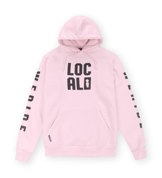 We Ride Local Code Baby Pink Hoodie – front view with bold black logo, baby pink colour, unisex streetwear