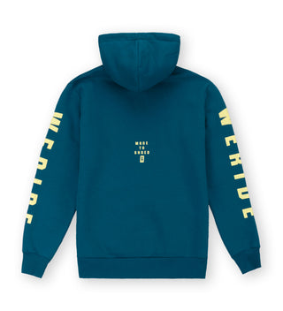 Back view of We Ride Local Code Teal Hoodie – teal  hoodie, relaxed unisex fit