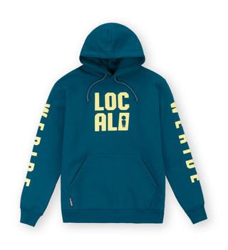 We Ride Local Code Teal Hoodie – front view with bold yellow logo, teal colour, unisex streetwear