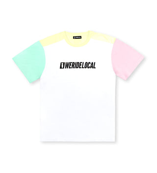 Casual colorblock tee in white with pink and mint sleeves – 100% cotton by WeRideLocal