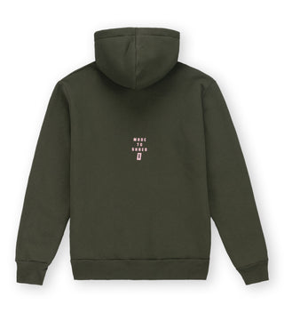 Back view of We Ride Local Division Army Zipped Hoodie – relaxed unisex fit, army green full-zip hoodie