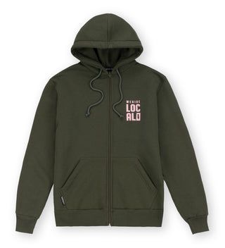 We Ride Local Division Army Zipped Hoodie – front view, army green full-zip hoodie with pink logo on left chest, unisex streetwear