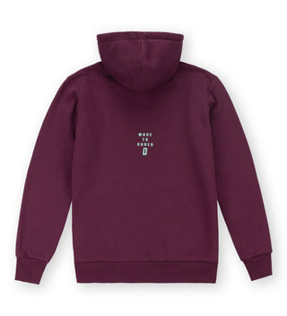 Back view of We Ride Local Division Eggplant Zipped Hoodie – relaxed fit in eggplant, minimal design