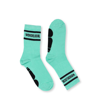 We Rde Local Division Mint Socks-side view, mint cotton socks with black "We Ride Local" logo on the cuff.
