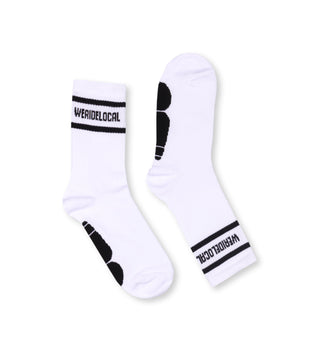 We Rde Local Division White Socks-side view, white cotton socks with black "We Ride Local" logo on the cuff.