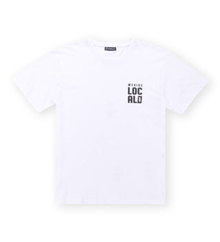We Ride Local White T-Shirt – front view with small black logo on left chest, 100% cotton, unisex