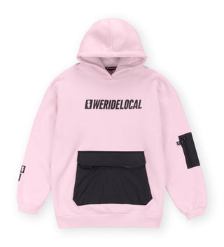 We Ride Local Pink Women’s Hoodie – front view with bold black logo and kangaroo pocket
