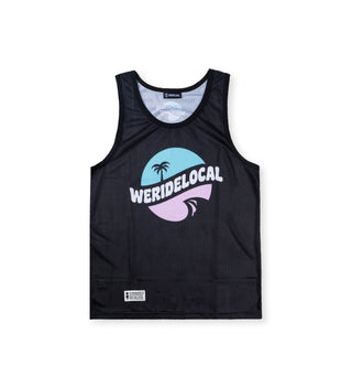 We Ride Local Funbadge black mesh jersey – front view with circular brand logo in the center, loose fit.