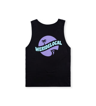 badge Black Tanktop by We Ride Local with big lilac and mint circular logo printed on the back.