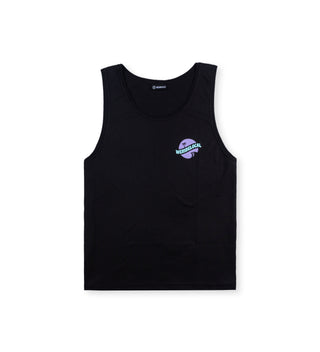 We Ride Local Funbadge Black Tanktop – black sleeveless tanktop with white circular logo on chest.