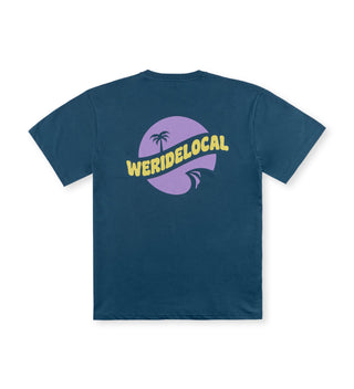 Blue indigo unisex t-shirt with round “Funbadge” graphic by We Ride Local