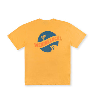 We Ride Local Funbadge Gold Tee – back view with large circular logo and oversized fit.