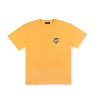 We Ride Local Funbadge Gold Tee – front view with small circular logo on left chest and oversized fit.