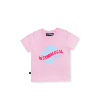 We Ride Local Funbadge pink kids tee – 100% soft cotton, circular logo print at the center, made in Greece