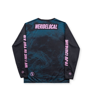 Back view of We Ride Local Hazard long sleeve rashguard – UPF 50 sun protection, quick-dry surf shirt.
