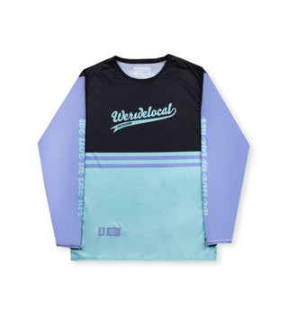 Back view of We Ride Local Legends long sleeve rashguard – UPF 50 sun protection shirt.