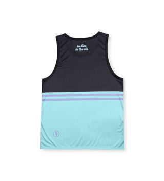Back side of We Ride Local Legends tank top rashguard – sleeveless surf vest with UPF 50 protection.