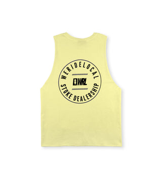 We Ride Local MARK women's tank top in pigment banana showing large round printed logo on the back