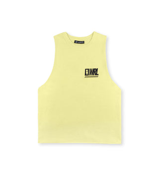 Front view of the We Ride Local MARK pigment banana raw cut women's tank top, 100% cotton, with small printed logo on the left.