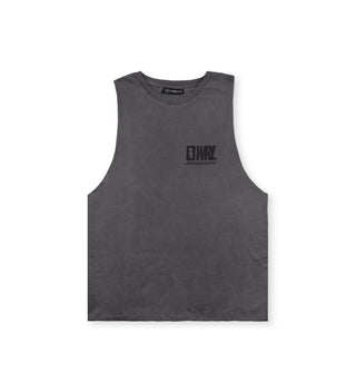Front view of the We Ride Local MARK pigment black raw cut women's tank top, 100% cotton, with small printed logo on the left.