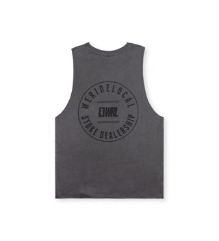 We Ride Local MARK women's tank top in pigment black showing large round printed logo on the back.