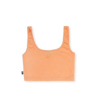 We Ride Local monogram ribbed orange crop top – 95% cotton, 5% lycra, made in Greece.