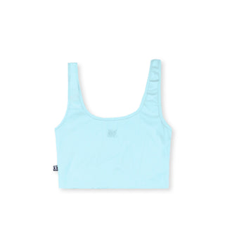 We Ride Local monogram ribbed turquoise crop top – 95% cotton, 5% lycra, made in Greece.