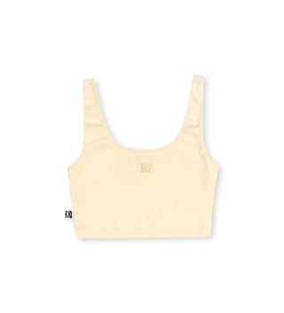 We Ride Local monogram ribbed yellow crop top – 95% cotton, 5% lycra, made in Greece.