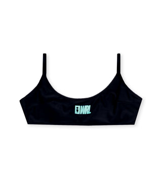 We Ride Local Nero Bikini Top – front view, black bikini top with silk-printed logo, UV rays protection, and chlorine ultra resistant fabric.