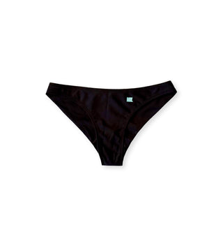 We Ride Local Nero Brazil Bottom – front view, black bikini bottom with silk-printed logo, UV rays protection, and chlorine ultra resistant fabric.